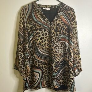 JM Collection sheer long sleeves size 14 animal print browns black blue v neck